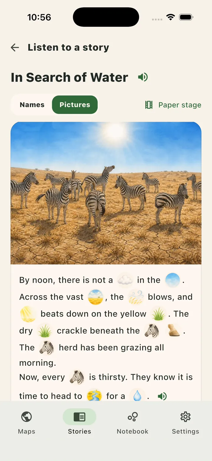 Story reader with pictures inside the sentences
