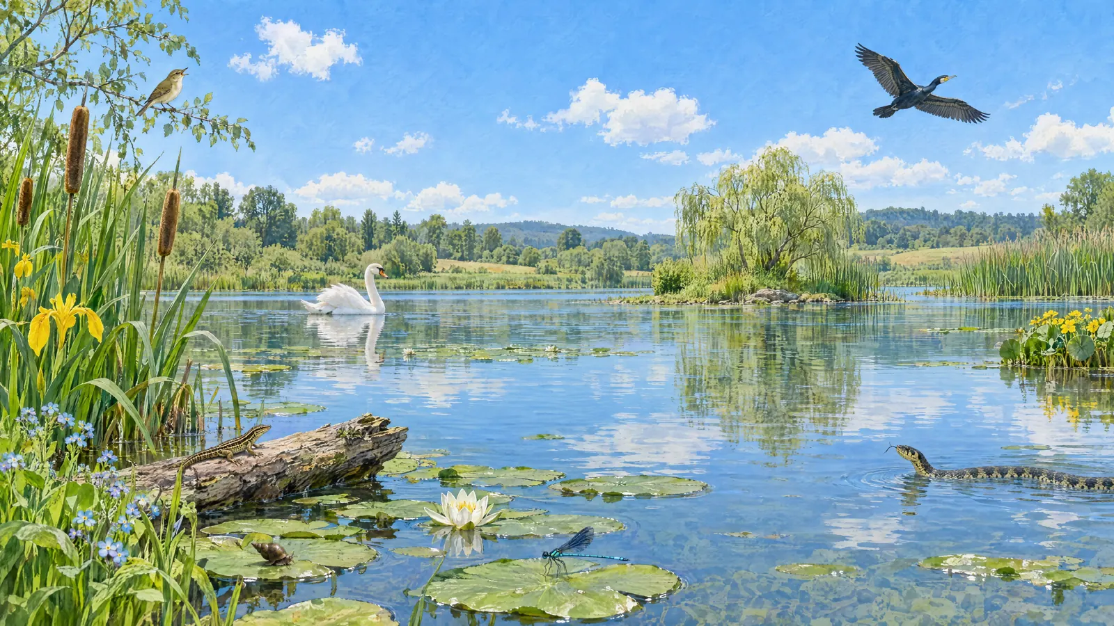 Illustrated freshwater pond with floating water lily leaves, waterside plants and a grassy bank.
