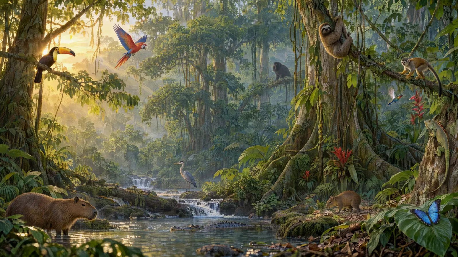 Illustrated rainforest with tall trees, hanging vines and a stream flowing beneath the foliage.