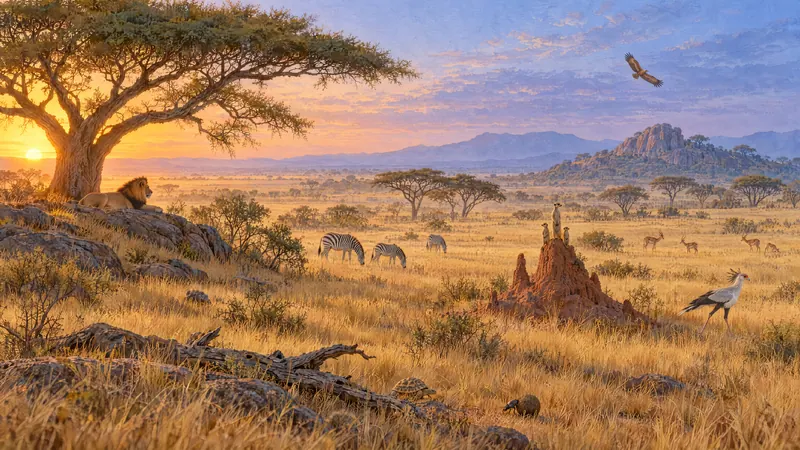 Illustrated African savanna with open grassland, scattered trees and a winding river.